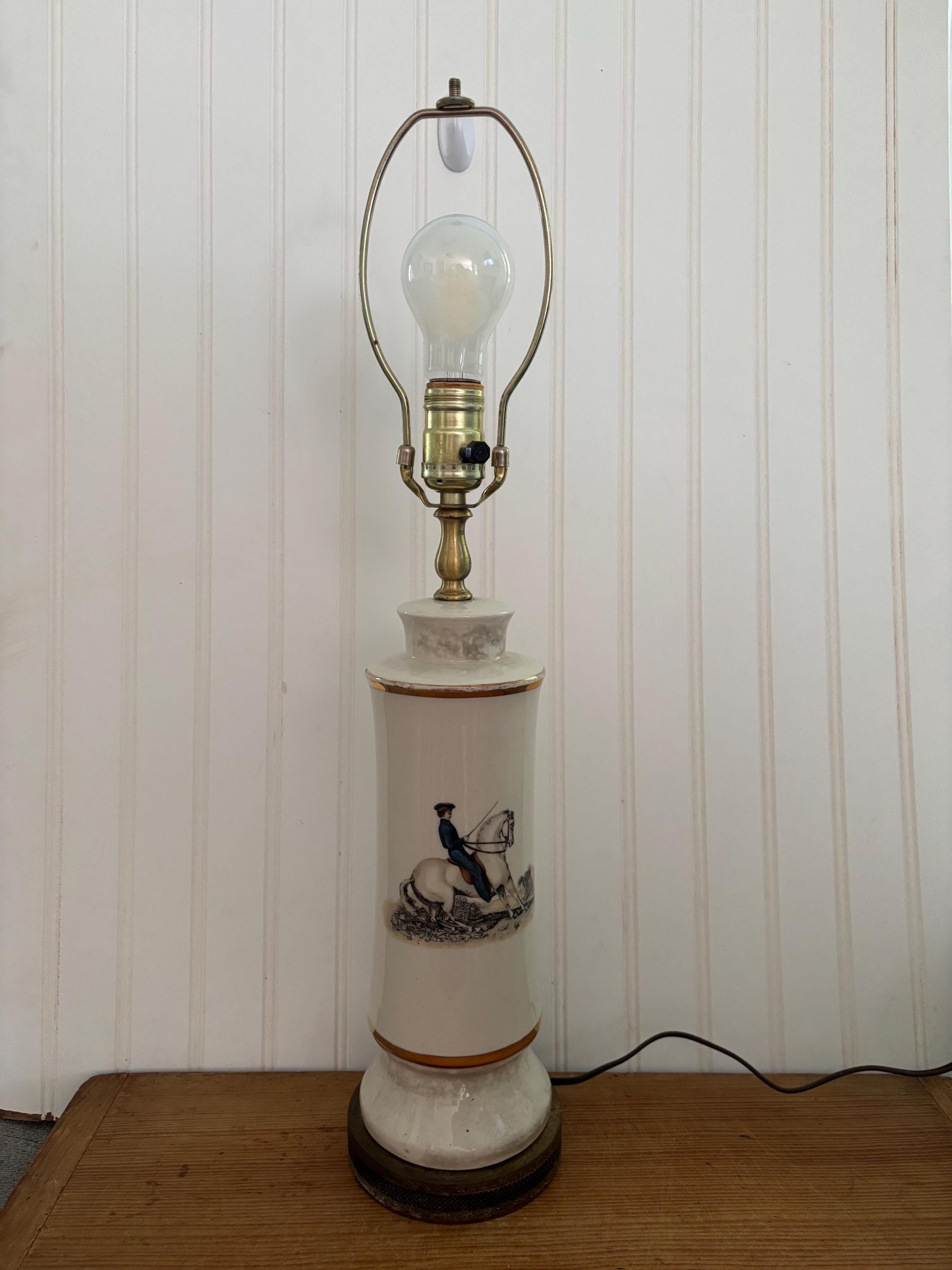 Vintage Ceramic & Brass Table Lamp Equestrian Horse Cottage French Country