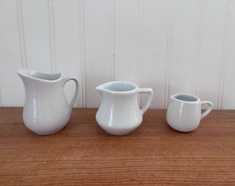 Vintage Small White Stoneware Pitchers Farmhouse Neutral Cottagecore