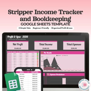 Puede incluir: Una plantilla digital de Google Sheets para el seguimiento de ingresos y contabilidad. La pantalla muestra un panel de pérdidas y ganancias de 2026 con datos de beneficio neto, ingresos totales y gastos, junto a un gráfico de objetivos.