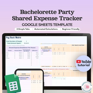 May include: A Bachelorette Party Shared Expense Tracker Google Sheets template displayed on a laptop and smartphone screen. The interface features a Pay Back Matrix, shared expense breakdown per person, and a YouTube tutorial button icon.
