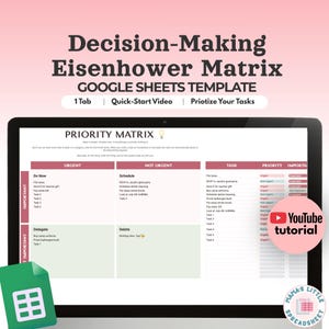 May include: A digital Eisenhower Matrix Google Sheets template displayed on a computer screen. The interface features a priority matrix with sections for urgent, not urgent, important, and not important tasks, plus a task list and a YouTube tutorial button.