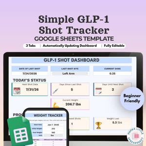 Puede incluir: Una plantilla digital de Google Sheets titulada Simple GLP-1 Shot Tracker. El panel muestra datos como la fecha de la última inyección, dosis, peso y progreso. Incluye un rastreador de peso, una etiqueta de principiante e iconos.