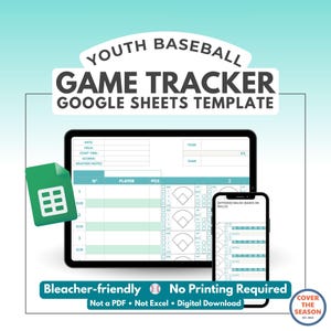 Puede incluir: Una plantilla digital de seguimiento de juegos de béisbol para Google Sheets, que se muestra en una tableta y un teléfono inteligente. La imagen incluye un icono verde de Google Sheets y el texto "Youth Baseball Game Tracker Google Sheets Template."