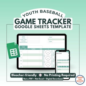Puede incluir: Una plantilla digital de seguimiento de juegos de béisbol para béisbol juvenil, diseñada para Google Sheets. La imagen muestra una tableta y un teléfono inteligente que muestran el rastreador, junto con un icono de Google Sheets. La plantilla es apta para gradas y no requiere impresión.