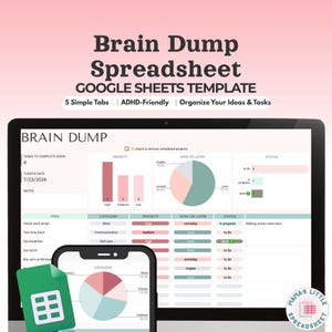 Feuille de calcul « Brain Dump » pour le suivi des tâches et listes de choses à faire, modèle Google Sheets adapté aux personnes atteintes de TDAH (téléchargement numérique)
