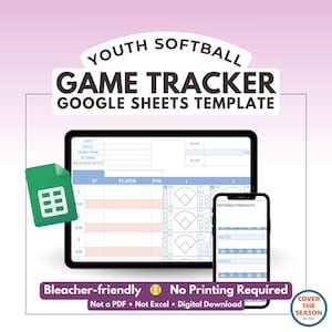 Puede incluir: Una plantilla digital de seguimiento de partidos de softbol juvenil para Google Sheets, que se muestra en una tableta y un teléfono inteligente. El diseño incluye campos para la fecha, el equipo y las estadísticas de los jugadores. El texto de la imagen dice "Bleacher-friendly, No Printing Required, Digital Download."