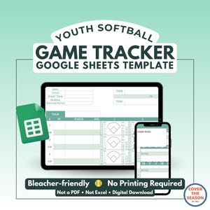 Puede incluir: Una plantilla digital de seguimiento de partidos de softbol juvenil para Google Sheets, que se muestra en una tableta y un teléfono inteligente. El diseño incluye campos para los nombres de los equipos, las estadísticas de los jugadores y los detalles del partido. La imagen también incluye un icono de Google Sheets.