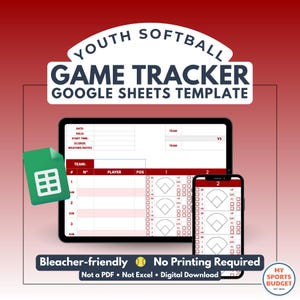 Puede incluir: Una plantilla digital de seguimiento de partidos de softbol juvenil para Google Sheets, mostrada en una tableta y un teléfono inteligente. El diseño incluye campos para la fecha, el equipo y las estadísticas de los jugadores, con el texto "Bleacher-friendly" y "Digital Download".