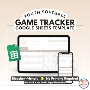 Puede incluir: Una plantilla digital de seguimiento de juegos de softbol juvenil para Google Sheets, que se muestra en una tableta y un teléfono inteligente. La imagen incluye el texto "YOUTH SOFTBALL GAME TRACKER GOOGLE SHEETS TEMPLATE". La plantilla es apta para gradas y no requiere impresión.