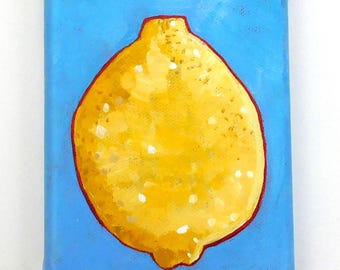 Original Lemon Painting: Acrylic on Canvas, Kitchen Art (4x6 inches)