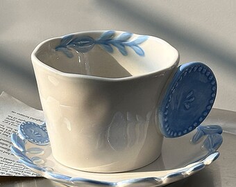 Tasse à café et soucoupe bouton bleu rétro|Tasse à thé de l'après-midi|Cadeau fait main|Service à café en céramique|Mug|Tasse à café et soucoupe
