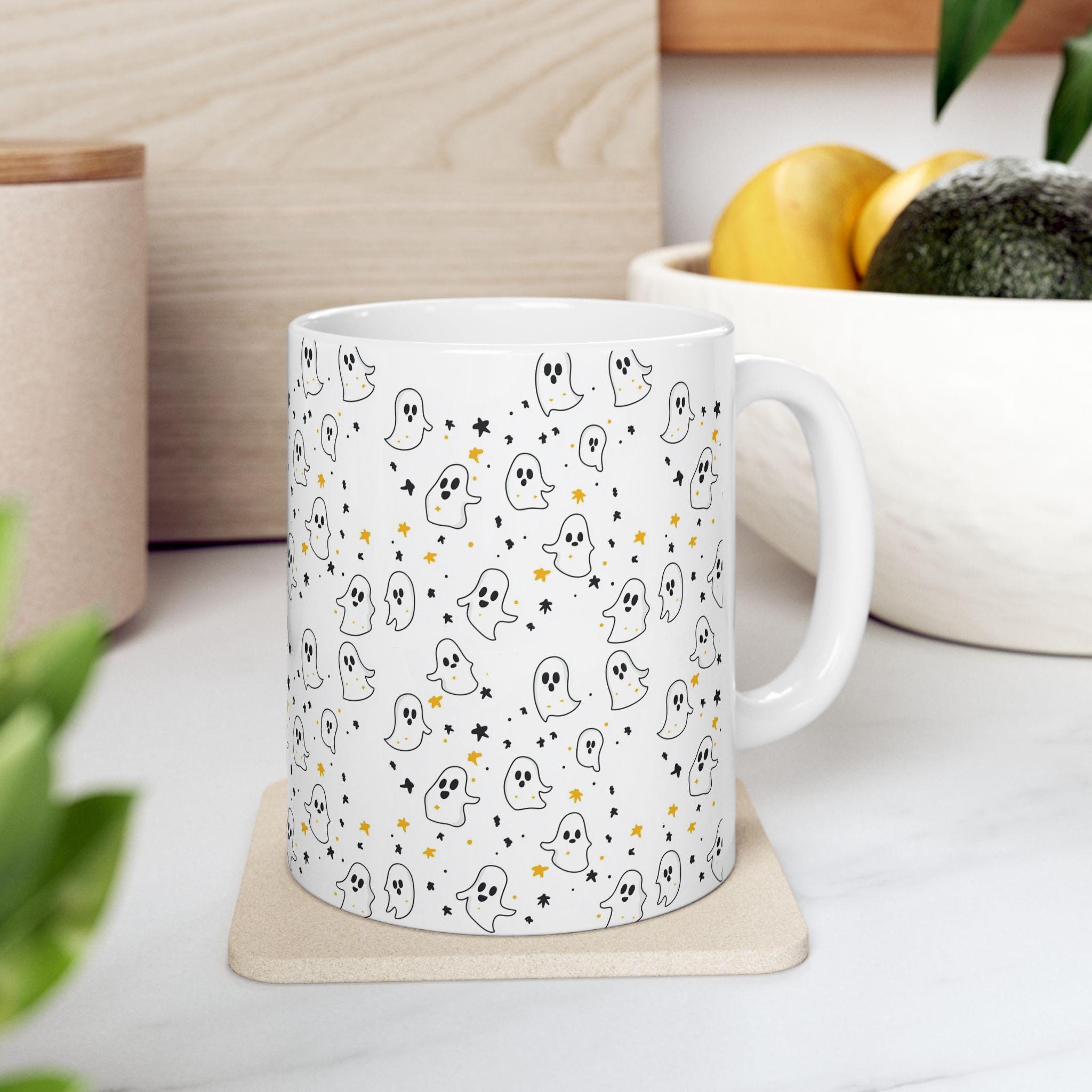 Cute Ghost Mug, Ceramic Mug with Cute Ghost Pattern Design, Gift For Halloween and Cute Ghost Lovers, Cute Halloween and Ghost Themed Gift