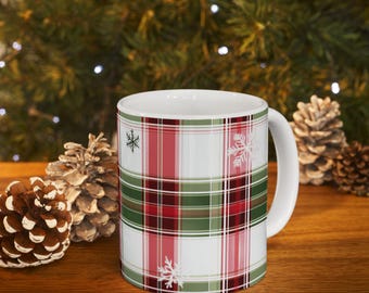 Christmas Plaid Pattern Mug, Mug With Christmas Plaid and Snowflake Designs, Christmas Gift For Friends and Family, Fun Holiday Themed Gift
