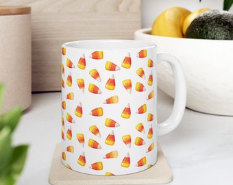 Cute Candy Corn Mug, Ceramic Mug with Cute Candy Corn Pattern Design, Gift For Halloween and Candy Corn Lovers, Cute Halloween Themed Gift