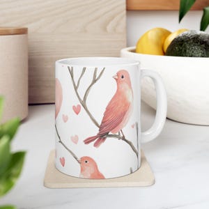 Pink Love Birds Pattern Mug, Valentines Day Mug, Natural and Romantic Design, Couples Gift Mug, Valentines Day Gift, Pink Bird Lovers Gift