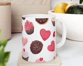 Hearts and Sweet Treats Pattern Mug, Valentines Day Mug, Playful and Romantic Design, Dessert Lover Mug, Valentines Day Gift For Couples