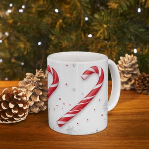 Candy Cane Pattern Mug, Mug With Festive Candy Cane and Snowflake Design, Christmas Gift For Friends and Family, Cute Christmas Themed Gift