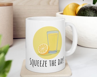 Squeeze The Day, Lemon Pun Design On White Ceramic Mug, Funny Fruit Themed Gift