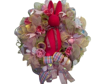 Easter Bunny Wreath for Front Door, Pink Spring Wreath with Ribbons, Floral Easter Decor, Handmade Mesh Bunny Wreath