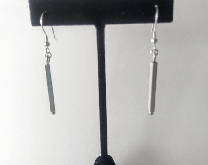 Short square bar sterling silver dangle earrings. Square bar hangs from sterling silver french wire earwires.