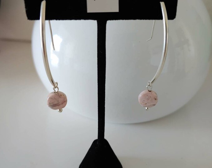 Light pink and touch of black disc dangle earrings.  Discs hang from curved sterling silver tubes with self made earwires.  Lightweight,