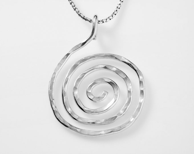 Hammered sterling silver spiral with hidden self bail.  Chain length options!