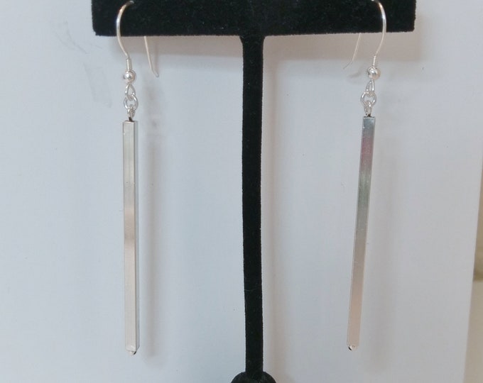 Long square bar sterling silver dangle earrings. Square bar hangs from sterling silver french wire earwires.