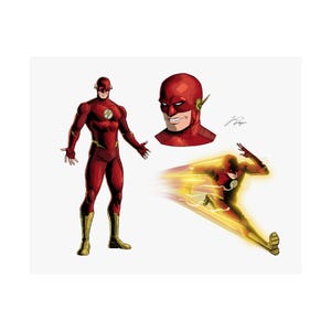 Könnte beinhalten: Illustration von The Flash in einem rot-goldenen Kostüm. Das Bild zeigt die Figur in drei Posen: Ganzkörper, Kopfschuss und Laufen mit Geschwindigkeitslinien. Das Flash-Logo ist auf der Brust zu sehen.