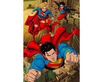 Matte verticale poster SuperFamily Flying Trio | Stadsgezicht stripboek