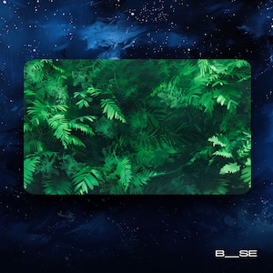 May include: A green leafy plant with a textured background. The plant is framed in a rectangle with a white border. The background is a dark blue with white speckles.