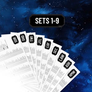 May include: A collection of nine white paper sheets arranged in a fan shape, each featuring a black hexagonal label at the top with three-letter codes: SOR, SHD, TWI, JTL, LOF, SEC, LAW, ASH, and HMW. The top center displays the text SETS 1-9.