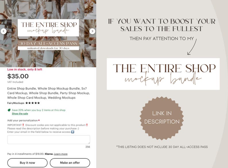 May include: The image showcases a mockup bundle with the text "THE ENTIRE SHOP mockup bundle." Additional text includes "30 DAY ALL-ACCESS PASS" and "LINK IN DESCRIPTION." The listing includes various mockup types, such as card and wedding mockups.