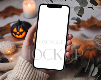 Halloween iPhone Bildschirm Mockup, Hand hält iPhone Mockup, Herbst Evite Mockup, Herbst Smartphone Invite Mockup, Gruseliges Saison Gerät