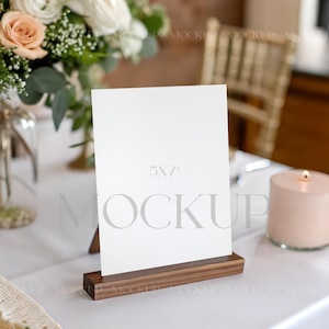 5x7 Sign Mockup, Wedding Table Sign Mockup, Tabletop Sign Mockup, Event Sign Display, Table Wooden Stand Card Mockup, PSD Bar Menu Mockup