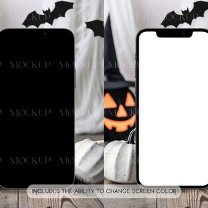 K&ouml;nnte beinhalten: Zwei Smartphones, eines mit schwarzem Bildschirm und eines mit wei&szlig;em Bildschirm, werden auf einer Holzoberfl&auml;che gezeigt. Der Hintergrund zeigt Halloween-Dekorationen, darunter K&uuml;rbisse, Flederm&auml;use und den Text "INCLUDES THE ABILITY TO CHANGE SCREEN COLOR."