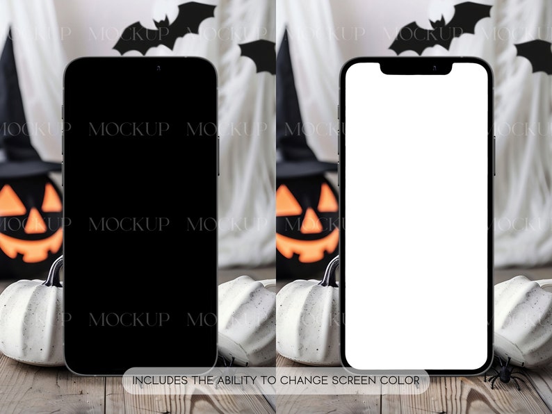 K&ouml;nnte beinhalten: Zwei Smartphones, eines mit schwarzem Bildschirm und eines mit wei&szlig;em Bildschirm, werden auf einer Holzoberfl&auml;che gezeigt. Der Hintergrund zeigt Halloween-Dekorationen, darunter K&uuml;rbisse, Flederm&auml;use und den Text "INCLUDES THE ABILITY TO CHANGE SCREEN COLOR."