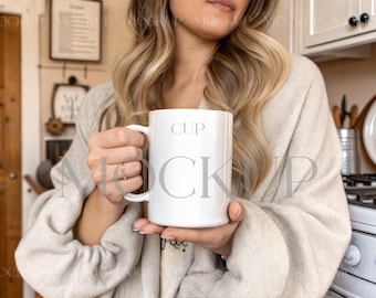 Cozy White Mug Mockup, Aesthetic Coffee Cup Mockup, Woman Holding Mug Mockup, Blank Ceramic  Mug Mockup, 15 oz Mug Mockup