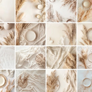 May include: A collection of flat lay images featuring white plates, bowls, and platters on a white background with dried pampas grass and white fabric.