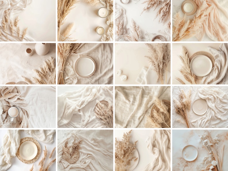 May include: A collection of flat lay images featuring white plates, bowls, and platters on a white background with dried pampas grass and white fabric.