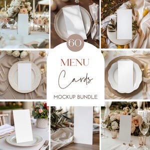 May include: A mockup bundle of 60 menu cards displayed on various tablescapes. The cards are white and rectangular, presented on plates with floral arrangements, gold cutlery, and linen napkins. The text "MENU Cards MOCKUP BUNDLE" is visible.