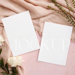 Babyshoweruitnodiging, mockup voor twee uitnodigingskaarten, dubbele kaarten PSD-mockup, roze bloemenuitnodiging, mockup met 5 x 7 tweezijdige kaart