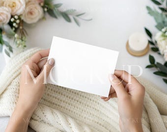 Hands Holding White Greeting Card Mockup, Boho Floral Card Mockup, 5x3.5 Card Mockup PSD, RSVP Card Mockup, Wedding Invitation Card Mockup