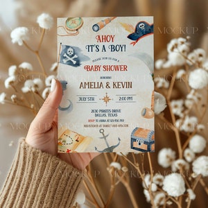 May include: Ahoy It's a Boy! Baby shower invitation with a nautical theme. The invitation features a compass, a pirate ship, a treasure chest, and a map. The invitation is for Amelia & Kevin and is scheduled for July 5th at 2:00 PM. RSVP to Anna at 123-456-789. Registered at Target and Amazon.