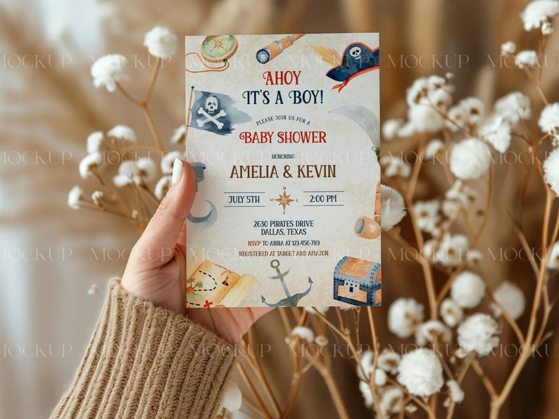 May include: Ahoy It's a Boy! Baby shower invitation with a nautical theme. The invitation features a compass, a pirate ship, a treasure chest, and a map. The invitation is for Amelia & Kevin and is scheduled for July 5th at 2:00 PM. RSVP to Anna at 123-456-789. Registered at Target and Amazon.