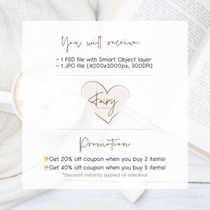 May include: A white card with the text "You will receive:" followed by a list of digital files. The card also includes the text "Fairy" in a heart shape and a promotion for a discount on purchases of 2 or 5 items. The text "Discount instantly applied at checkout" is also included.