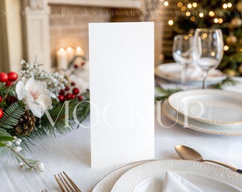 Tall Menu Card Mockup: Christmas Table Setting, 4x9 Vertical Dinner Menu | PSD Digital Download