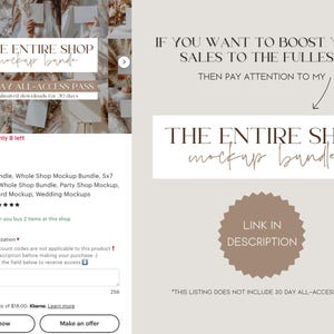May include: The image showcases a mockup bundle advertisement with the text "THE ENTIRE SHOP mockup bundle." It includes a 30-day all-access pass. The image also features a call to action: "LINK IN DESCRIPTION."