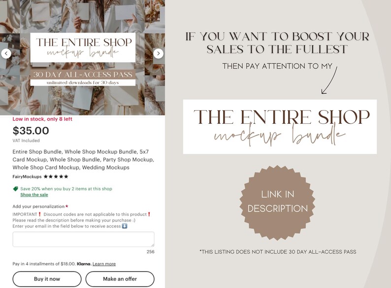 May include: The image showcases a mockup bundle advertisement with the text "THE ENTIRE SHOP mockup bundle." It includes a 30-day all-access pass. The image also features a call to action: "LINK IN DESCRIPTION."