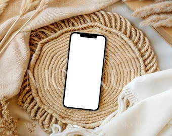 Mockup telefoonscherm Boho, mockup iphone-scherm, mockup telefoonuitnodiging, mockup minimalistisch apparaat, mockup mobiele telefoon, mockup smartphone, mockup mobiele telefoon