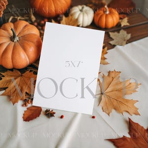 Maqueta de tarjeta de otoño, maqueta de tarjeta de felicitación bohemia de otoño, maqueta de invitación con calabazas de otoño, maqueta de invitación de boda de otoño, maqueta de tarjeta de invitación de 5x7